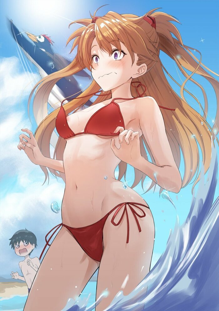 Казус - NSFW, Anime Art, Аниме, Evangelion, Asuka Langley, Shinji Ikari, Океан, Купальник, Pen Pen