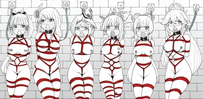 Shibari - NSFW, Sangonomiya Kokomi, Raiden shogun, Kamisato Ayaka, Xiangling, Xinyan, Fischl, Lumine, Yae miko, Kujou Sara, Shibari, Anime art, Genshin impact, Hand-drawn erotica, Bondage, Anime, Yoimiya, Sucrose