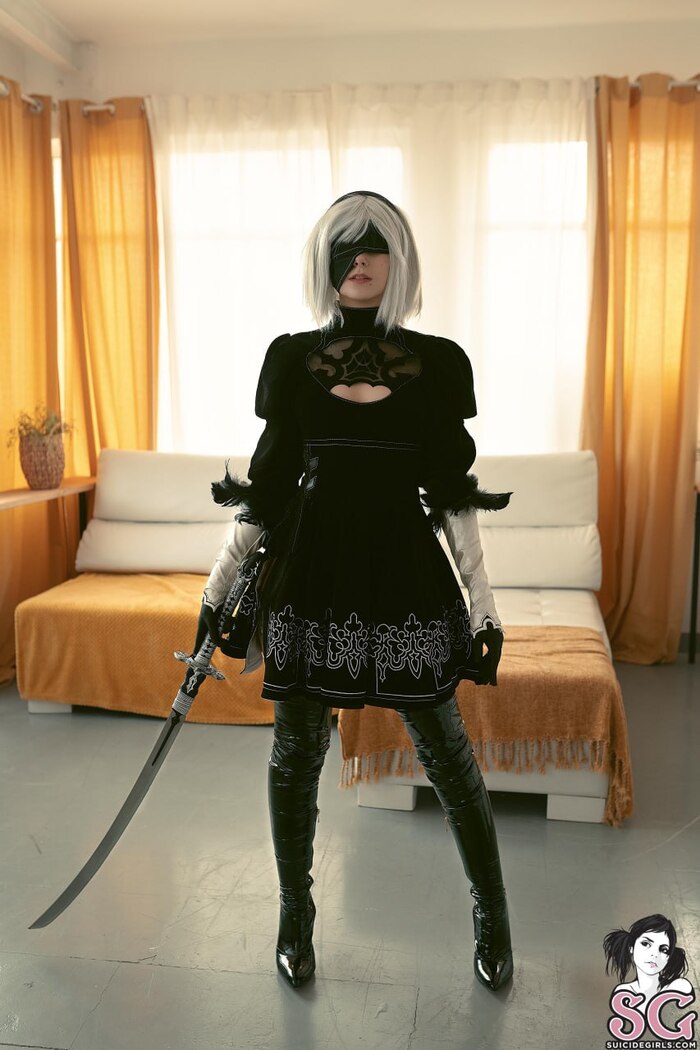 Monokichan in the image of 2B - NSFW, Erotic, Navel, Nipples, Boobs, Girls, Stockings, Girl with tattoo, Suicide girls, Piercing, Cosplay, Booty, Back view, Without underwear, Nudity, Longpost, The photo