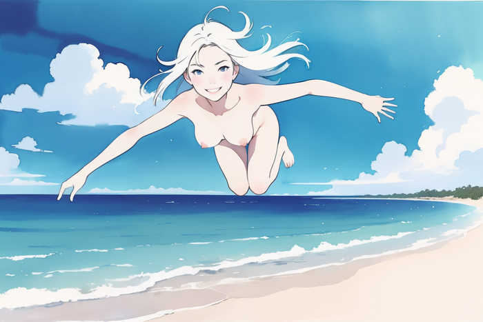 Learning to fly - NSFW, My, Neural network art, Нейронные сети, Girls, Stable diffusion, Anime art, Original character, Boobs, Summer, Sea, Sky, Flight