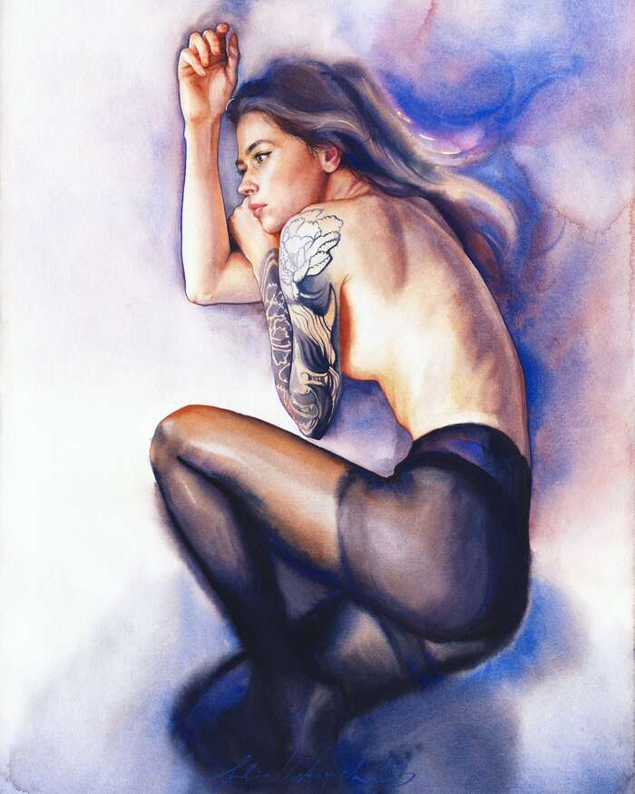 Did you ask for a self-portrait? - NSFW, My, Watercolor, Painting, Art, Erotic, Girls