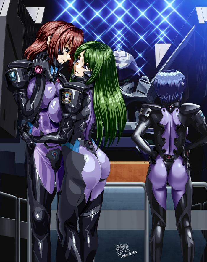 Напарницы из Special Task Force A-01 Valkyries из мира Muv-Luv от popgun (22882502) - NSFW, Аниме, Anime Art, Рисованная эротика, Yuri, Меха, Бедра, Попа, Сиськи, Обнимашки, Длинные волосы, Милитари