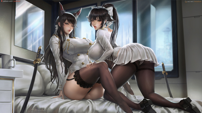 Sisters Atago and Takao from Azur Lane on vacation from Lexaiduer - NSFW, Anime, Anime art, Hand-drawn erotica, Animal ears, Atago, Takao, Boobs, Nipples, Labia, Hips, Stomach, Stockings, Heels, Booty, Long hair, Katana