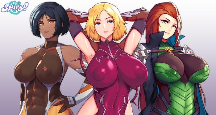 Meat and dairy spies Alex, Clover and Sam from Totally Spies! in the clothes of the heroines of Taimanin by Nachtness - NSFW, Anime, Anime art, Hand-drawn erotica, Crossover, Alex (Totally Spies), Clover (Totally Spies), Sam (Totally Spies), Taimanin Asagi, Boobs, Long hair