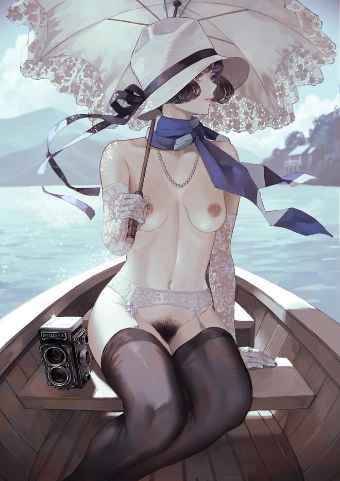From behind the island to the rod ... (addendum) - NSFW, Art, Anime art, Original character, Girls, Erotic, Without underwear, Stockings, Boobs, Pubis, Pubes, A boat, Umbrella, Hat, Gloves, Shibu11, Kaoming (Shibu11), Longpost
