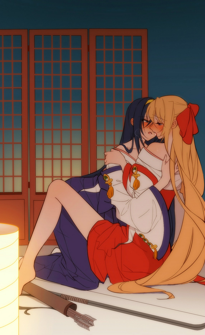 Priestesses Himemiya Chikane and Kurusugawa Himeko from Kannazuki no Miko by nikigo nuno - NSFW, Anime, Anime art, Hand-drawn erotica, Yuri, Kiss, Kimono, Long hair, Onion