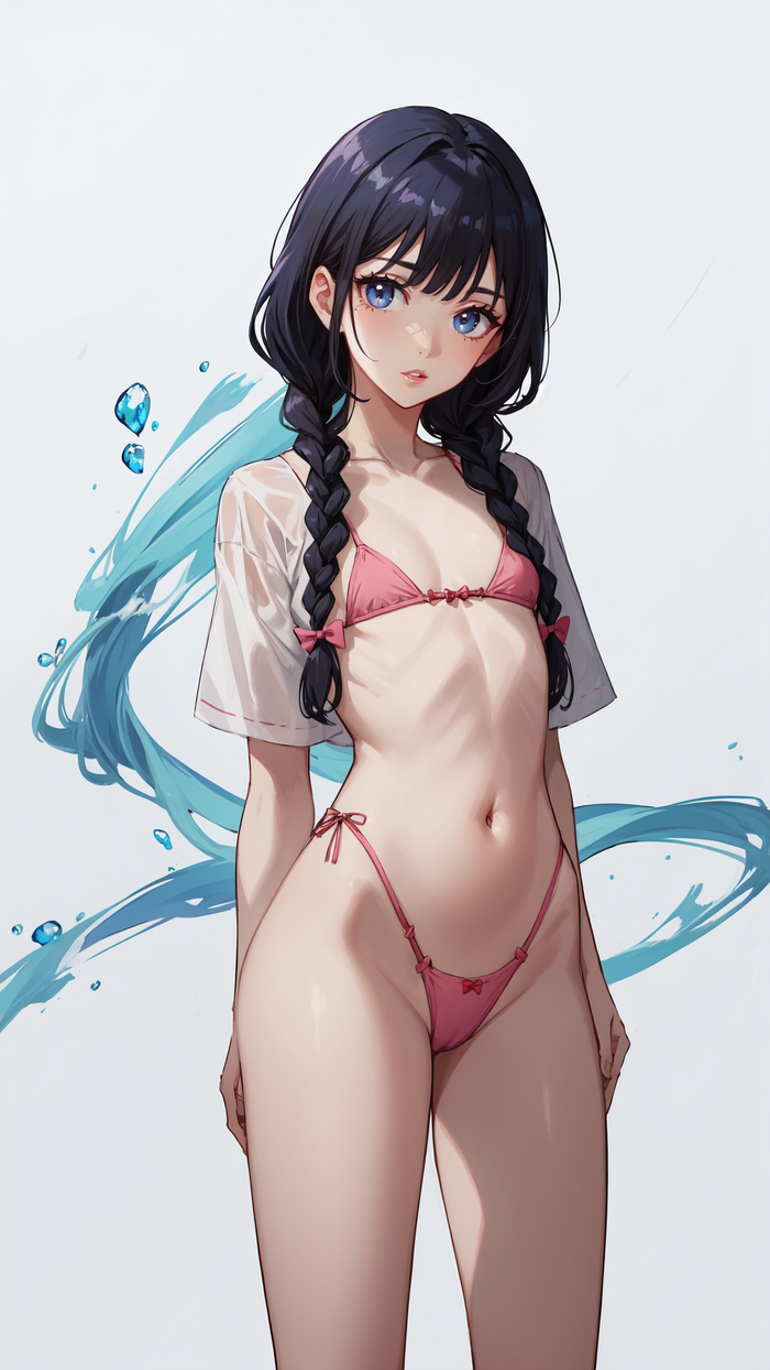 Pink bikini - NSFW, My, Girls, Anime, 2D, Stable diffusion, Anime art, Longpost, Art, Нейронные сети, Artificial Intelligence, Digital drawing, Original character, Bikini, Pigtails, Blue eyes