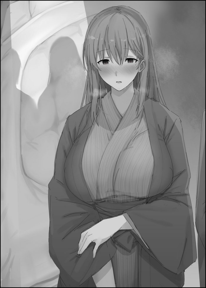 Cute little wife from qow - NSFW, Anime, Anime art, Hand-drawn erotica, Booty, Anus, Sperm, Condoms, Kimono, Long hair, Longpost