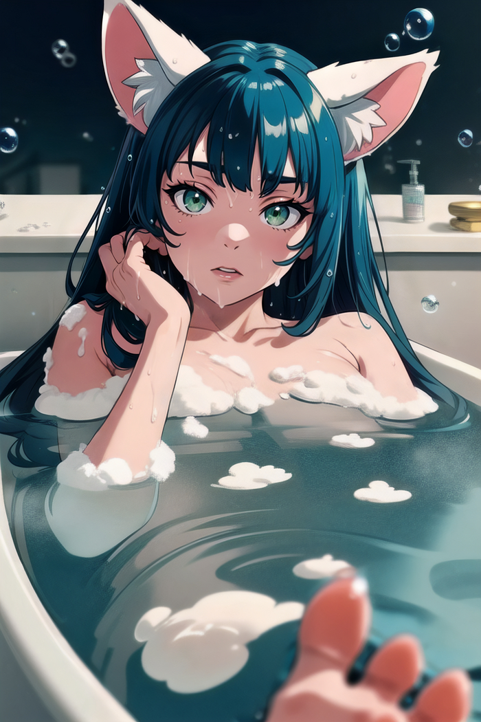 В ванне - NSFW, Моё, Эротика, Аниме, Original Character, Арт, Ванна, Рисованная эротика, Anime Art, Animal Ears