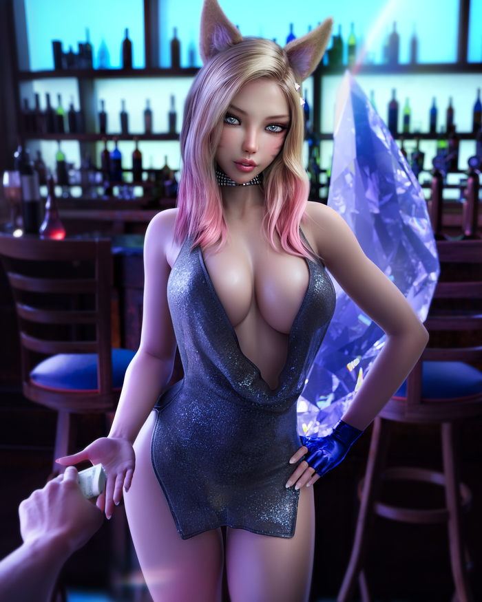 Continuation of the post Ahri Bar - NSFW, Erotic, Art, Ahri, League of legends, 3D, Animal ears, KDA, Bar, Girls, Boobs, The dress, Choker, No bra, Reply to post, Therealzoh