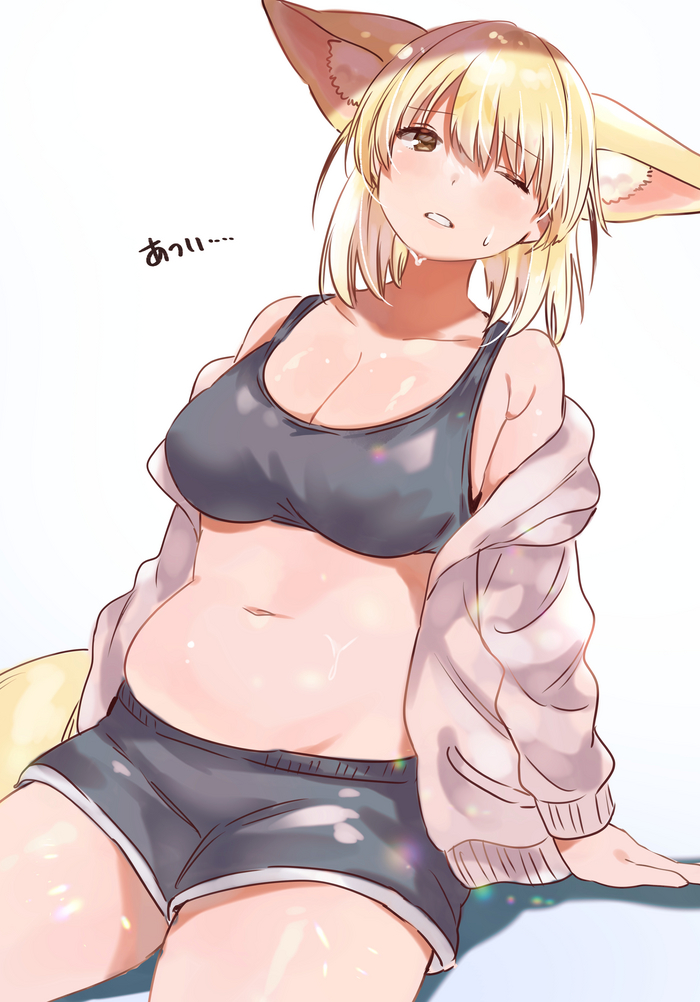 Cute and chubby Fennec from Kemono Friends by suicchonsuisui - NSFW, Anime, Anime art, Hand-drawn erotica, Fullness, Thick Thighs, Kemono friends, Fennec, Animal ears, Stomach, Thighs, Shorts, Tail