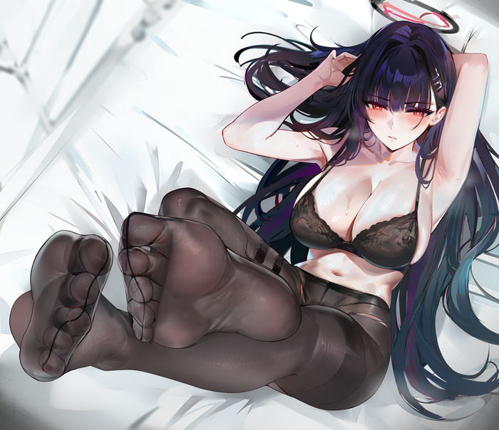 Tsukatsuki Rio - NSFW, Anime art, Anime, Blue archive, Tsukatsuki Rio, Tights, Foot fetish, Red eyes