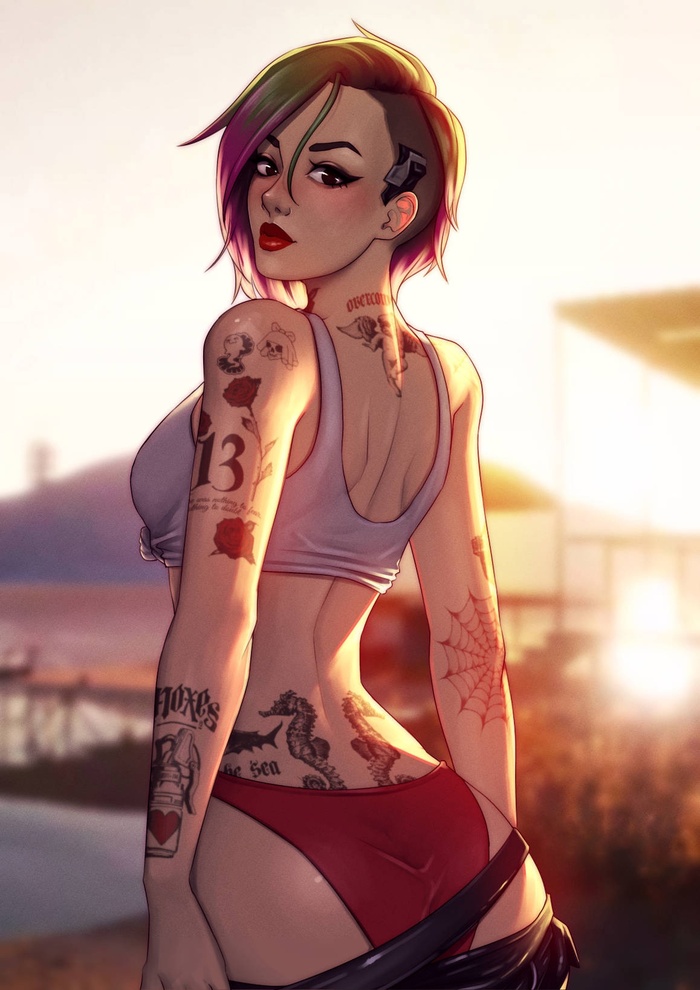 Judy Alvarez - NSFW, Images, Art, Erotic, Booty, Cyberpunk 2077, Colorful hair, Girl with tattoo