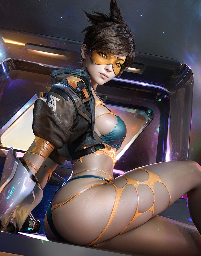 Tracer - NSFW, Erotic, Art, Tracer, Overwatch, Overwatch 2, Boobs, 3D, Swimsuit, Twitter (link), Game art