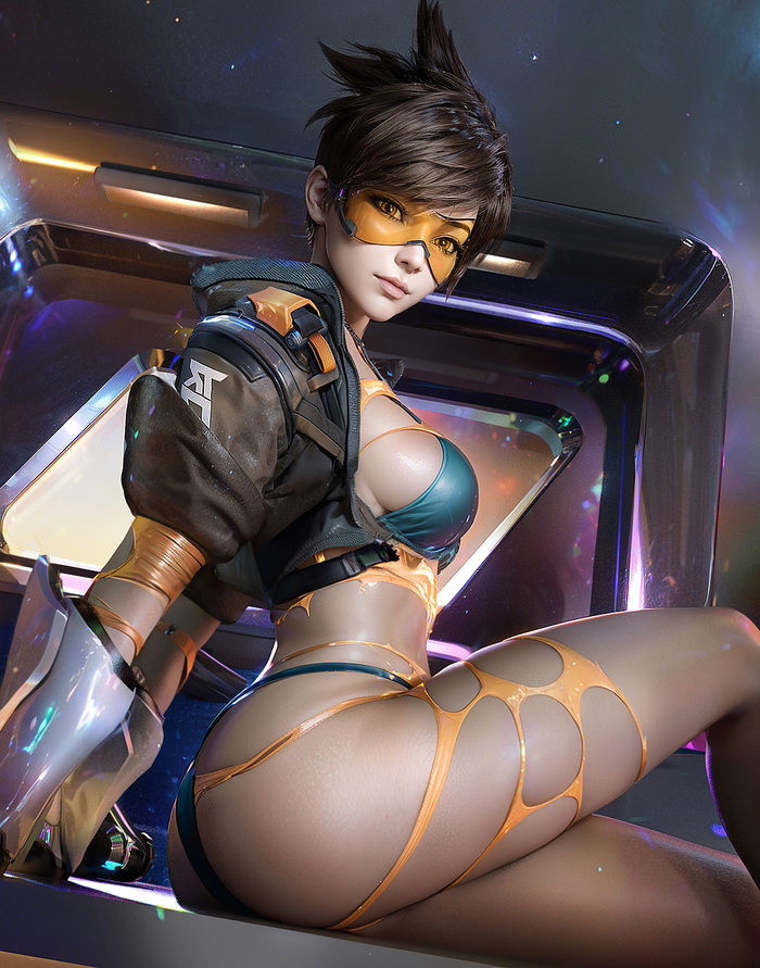 Tracer - NSFW, Erotic, Art, Tracer, Overwatch, Overwatch 2, Boobs, 3D, Swimsuit, Twitter (link), Game art, Girls