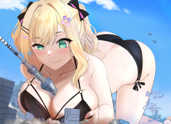 Атака гигантской девушки - NSFW, Virtual YouTuber, Купальник, Anime Art, Inaba Oden, Giantess