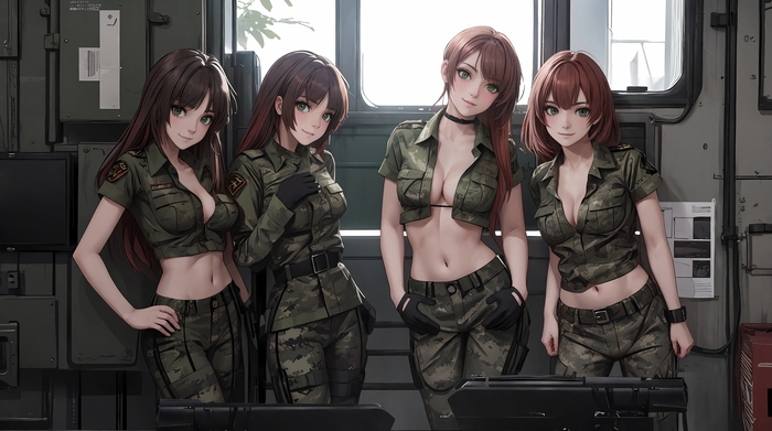 Military - NSFW, My, Art, Neural network art, Stable diffusion, Anime, Camouflage, Erotic, Desktop wallpaper, Girls