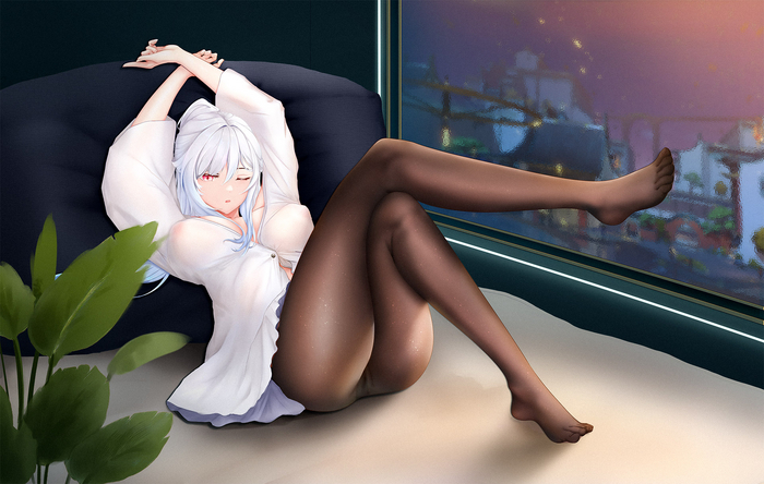 Цзинлю - NSFW, Anime Art, Honkai: Star Rail, Jingliu (Honkai: Star Rail), Колготки, Футфетиш, Красные глаза