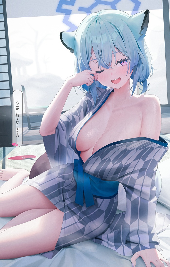 Mayoi Shigure - NSFW, Anime art, Anime, Art, Blue archive, Mayoi Shigure, Yukata, Boobs, Erotic, Hand-drawn erotica, Longpost, Animal ears