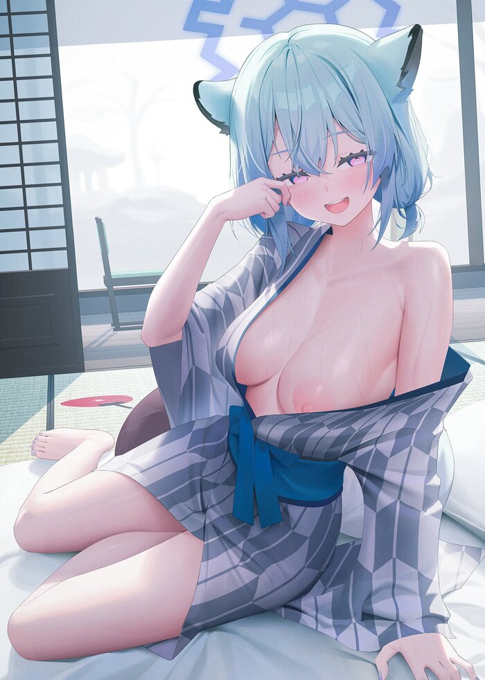 Mayoi Shigure - NSFW, Anime art, Anime, Art, Blue archive, Mayoi Shigure, Yukata, Boobs, Erotic, Hand-drawn erotica, Longpost, Animal ears